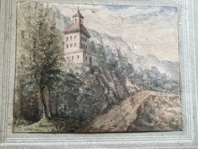 Aquarelle Ancienne Sur Papier XIXème Paysage Avec Personnage Bucolique Decoratif
