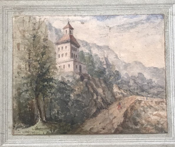 Aquarelle Ancienne Sur Papier XIXème Paysage Avec Personnage Bucolique Decoratif