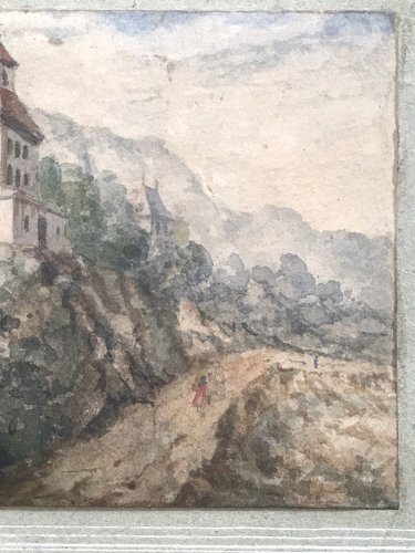 Aquarelle Ancienne Sur Papier XIXème Paysage Avec Personnage Bucolique Decoratif