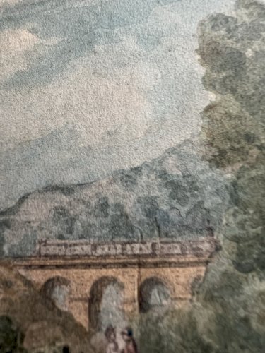 Aquarelle Ancienne Sur Papier XIXème Paysage  Personnage Locomotive Train Collec