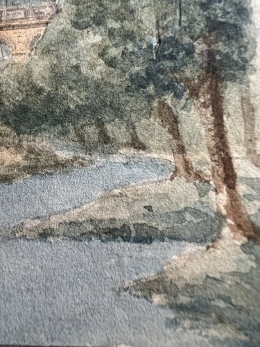 Aquarelle Ancienne Sur Papier XIXème Paysage  Personnage Locomotive Train Collec