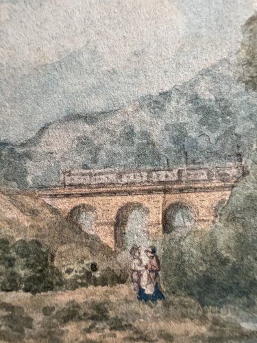 Aquarelle Ancienne Sur Papier XIXème Paysage  Personnage Locomotive Train Collec