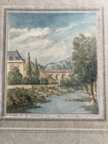 Aquarelle Ancienne Sur Papier XIXème Paysage  Personnage Locomotive Train Collec