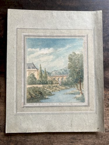 Aquarelle Ancienne Sur Papier XIXème Paysage  Personnage Locomotive Train Collec