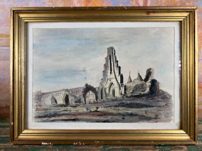 Ancient watercolour – View of abbey ruins – Signed JP – 19th century – 30 x 22