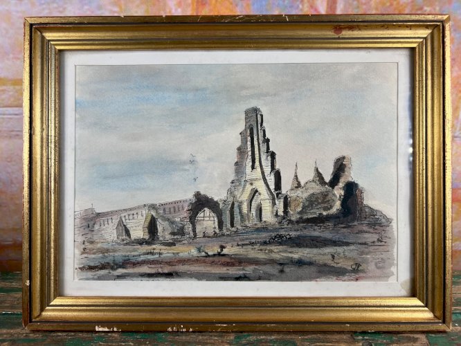 Aquarelle ancienne – Vue des ruines d’abbaye – Signée JP – XIXe siècle – 30 x 22