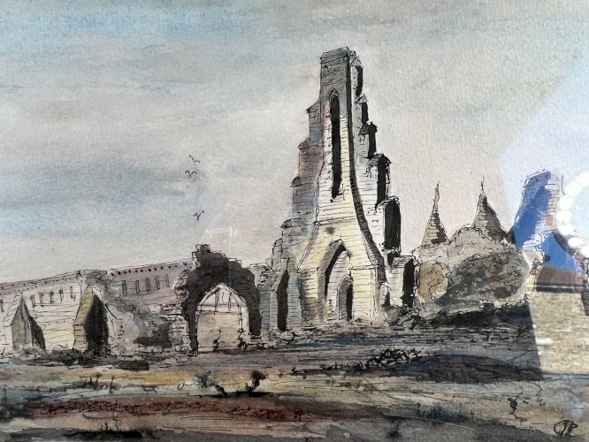 Aquarelle ancienne – Vue des ruines d’abbaye – Signée JP – XIXe siècle – 30 x 22