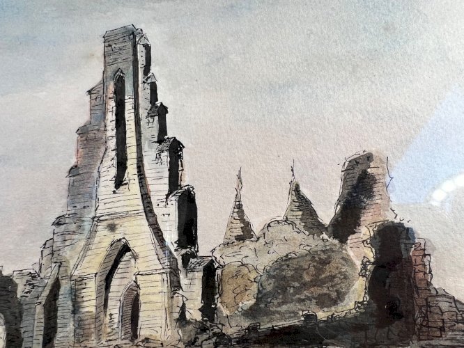 Aquarelle ancienne – Vue des ruines d’abbaye – Signée JP – XIXe siècle – 30 x 22