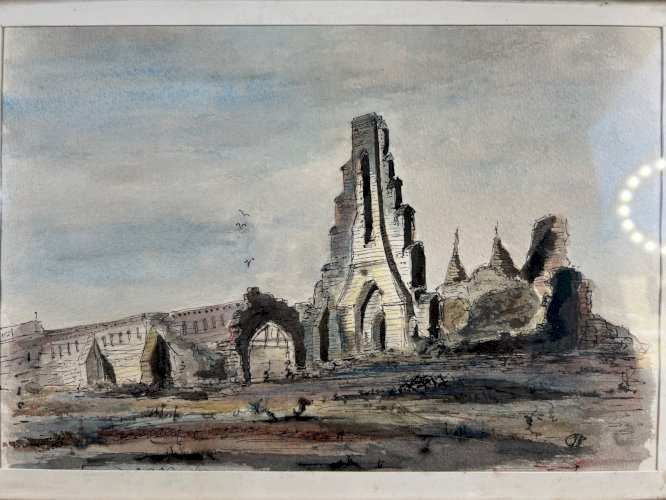 Aquarelle ancienne – Vue des ruines d’abbaye – Signée JP – XIXe siècle – 30 x 22