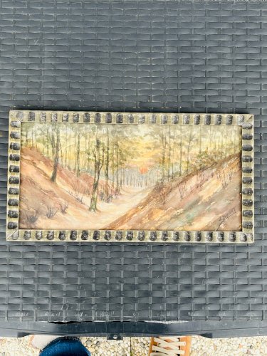 Aquarelle belge Coucher de soleil à Houffalize signée J. Dupont