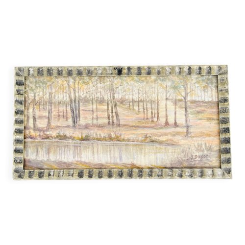 Aquarelle belge Étang en forêt près de Chevetogne signée J. Dupont