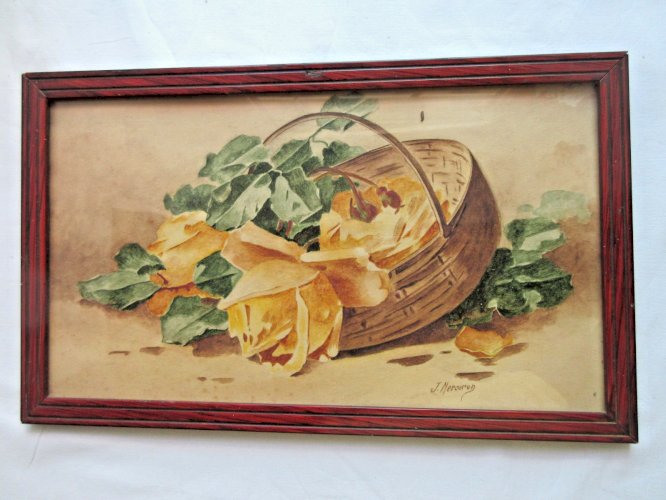 Aquarelle, cadre bois rainuré, vitré, signé J. Merceron: Panier de roses jaunes