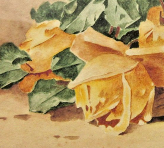 Aquarelle, cadre bois rainuré, vitré, signé J. Merceron: Panier de roses jaunes