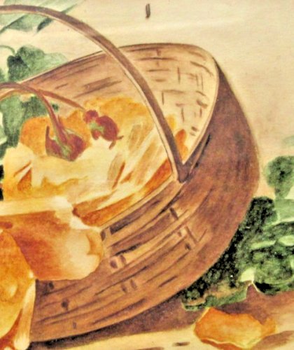 Aquarelle, cadre bois rainuré, vitré, signé J. Merceron: Panier de roses jaunes
