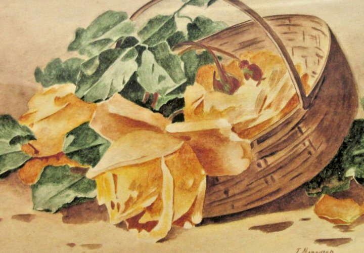 Aquarelle, cadre bois rainuré, vitré, signé J. Merceron: Panier de roses jaunes