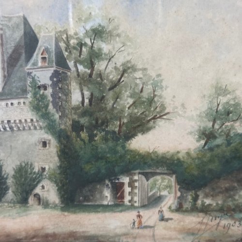 Aquarelle début XXe entrée du château de Haute-Goulaine 1903 L1064