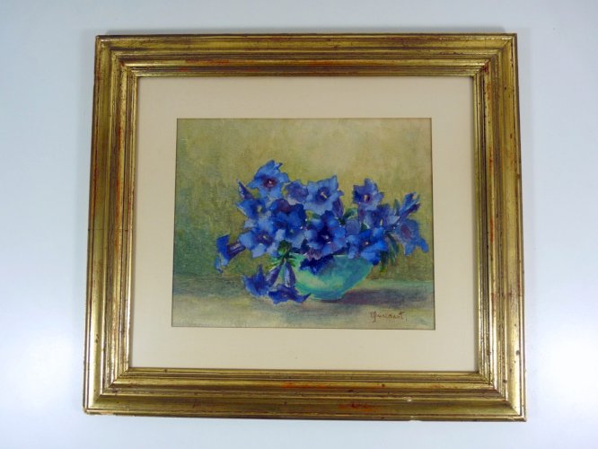 Aquarelle école française XX NATURE MORTE AUX GENTIANES signée V Quinemant cadre