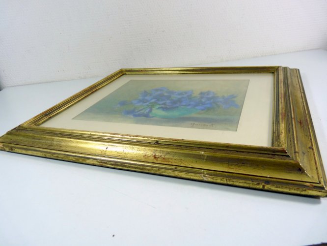 Aquarelle école française XX NATURE MORTE AUX GENTIANES signée V Quinemant cadre
