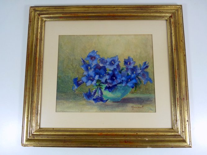 Aquarelle école française XX NATURE MORTE AUX GENTIANES signée V Quinemant cadre