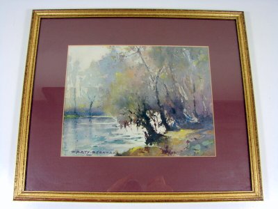 Watercolor Lyonnaise School XX° LAKE SHORE Signed Bernard Pratx, Wood Frame