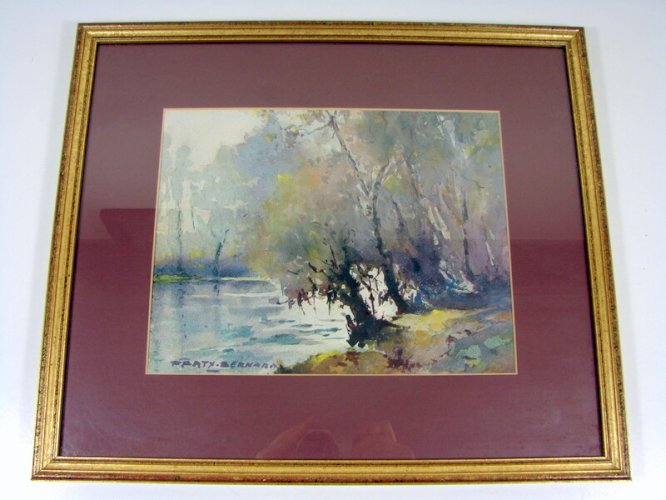 Aquarelle Ecole Lyonnaise XX° BORD DE LAC Signée Bernard Pratx, Cadre sous Bois