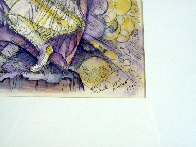 Aquarelle encre de Chine 1995 CONCERT signée & datée, cadre bois sous verre