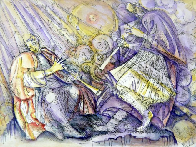 Aquarelle encre de Chine 1995 CONCERT signée & datée, cadre bois sous verre