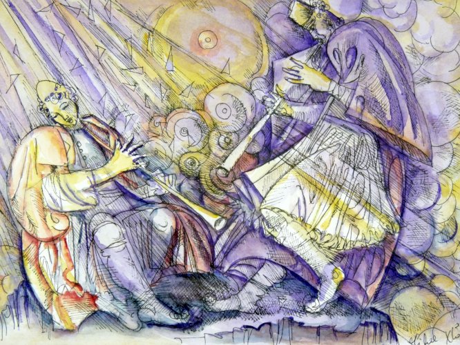 Aquarelle encre de Chine 1995 CONCERT signée & datée, cadre bois sous verre