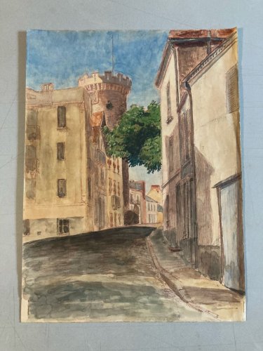 aquarelle Fin 19e à identifier Rue Tour De L Horloge Vichy Art Ancien XIXe