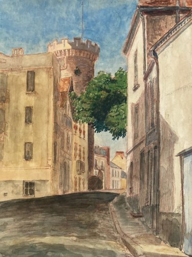 aquarelle Fin 19e à identifier Rue Tour De L Horloge Vichy Art Ancien XIXe