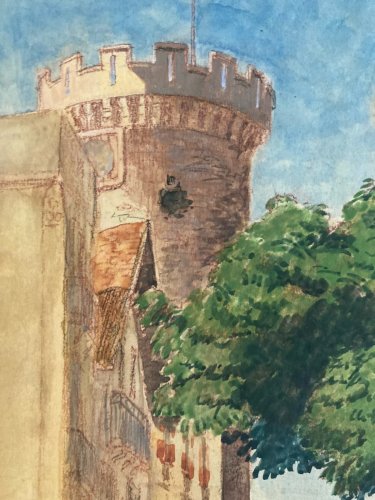 aquarelle Fin 19e à identifier Rue Tour De L Horloge Vichy Art Ancien XIXe