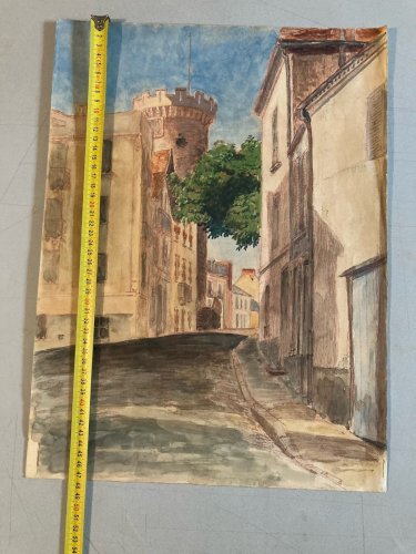 aquarelle Fin 19e à identifier Rue Tour De L Horloge Vichy Art Ancien XIXe