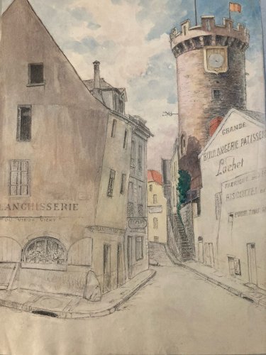 aquarelle Fin 19e à identifier Rue Tour De L Horloge Vichy Art Ancien