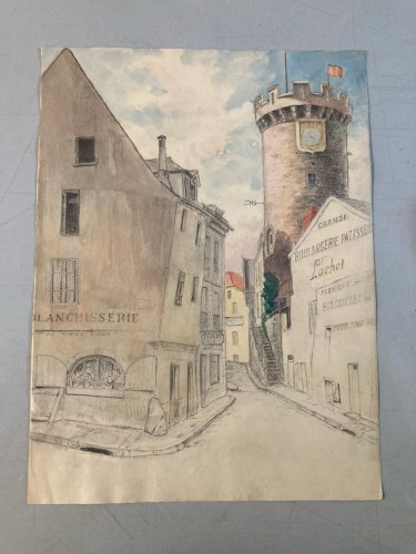 aquarelle Fin 19e à identifier Rue Tour De L Horloge Vichy Art Ancien