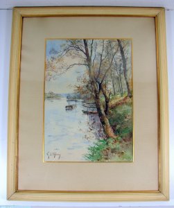 Watercolor Late 19th - Early 20th Century BOATS ON THE RIVERBANK Signed G. de Mesmay