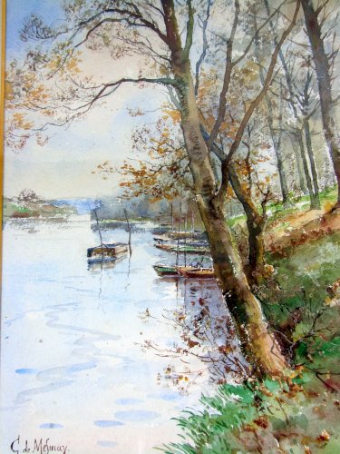 Aquarelle Fin XIX° Début XX° BATEAUX AU BORD DE LA RIVIERE Signée G. de Mesmay
