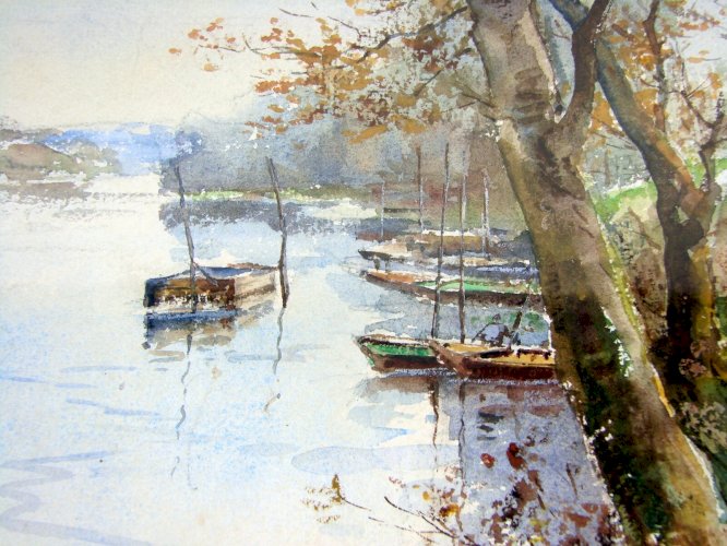 Aquarelle Fin XIX° Début XX° BATEAUX AU BORD DE LA RIVIERE Signée G. de Mesmay
