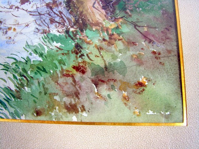 Aquarelle Fin XIX° Début XX° BATEAUX AU BORD DE LA RIVIERE Signée G. de Mesmay