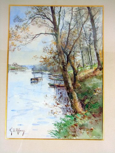 Aquarelle Fin XIX° Début XX° BATEAUX AU BORD DE LA RIVIERE Signée G. de Mesmay