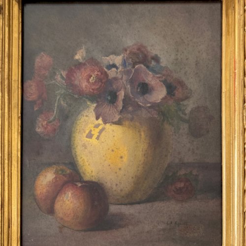 Aquarelle nature morte bouquet de fleurs XIXe par L.A. Rigault  A5658