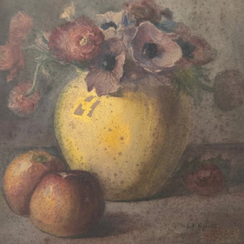 Aquarelle nature morte bouquet de fleurs XIXe par L.A. Rigault  A5658