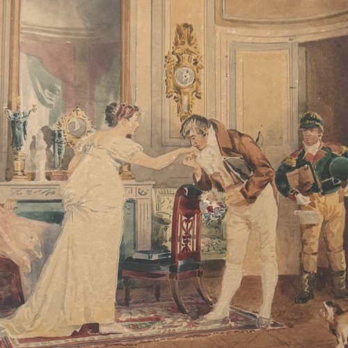 Aquarelle  papier scène d'intérieur bourgeois Eugènes Charles Picou XIXe A5687