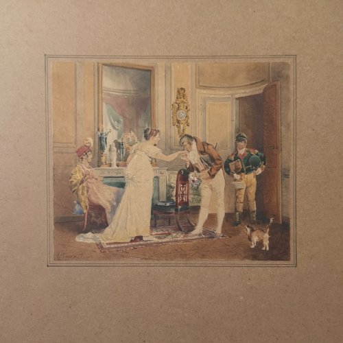 Aquarelle  papier scène d'intérieur bourgeois Eugènes Charles Picou XIXe A5687