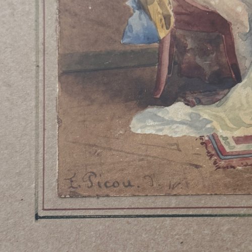 Aquarelle  papier scène d'intérieur bourgeois Eugènes Charles Picou XIXe A5687