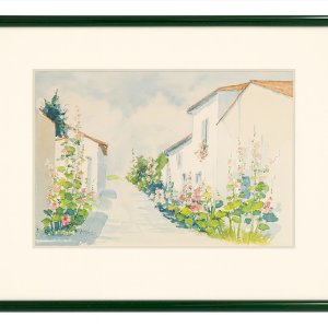Aquarelle Phorzoy Talmont Vendée rue fleurie roses trémières encadrée