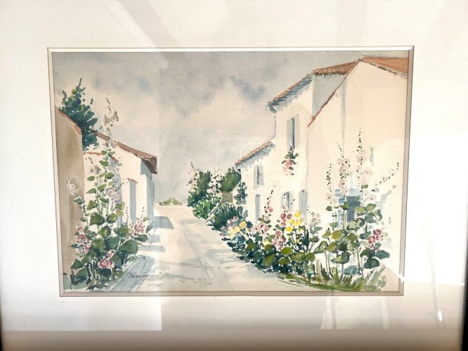 Aquarelle Phorzoy Talmont Vendée rue fleurie roses trémières encadrée