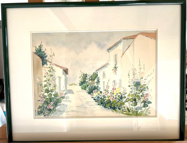 Aquarelle Phorzoy Talmont Vendée rue fleurie roses trémières encadrée