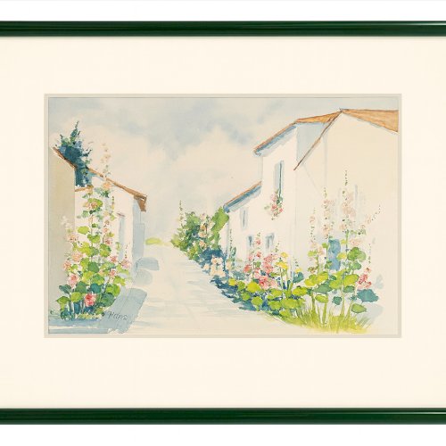Aquarelle Phorzoy Talmont Vendée rue fleurie roses trémières encadrée