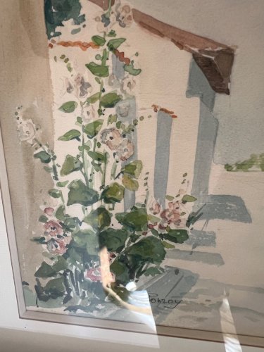 Aquarelle Phorzoy Talmont Vendée rue fleurie roses trémières encadrée