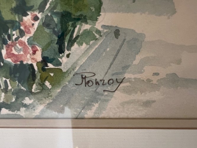 Aquarelle Phorzoy Talmont Vendée rue fleurie roses trémières encadrée